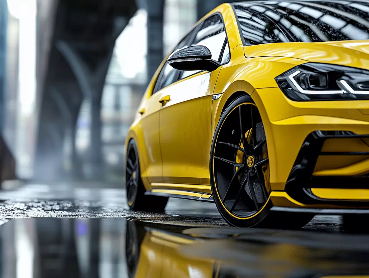 Żółte nowoczesne auto widziane z jednej strony.